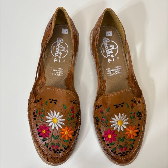 Cacahi's Mexican Huarache‎ Slip On Sandals Sz 7 Tan & Floral Beach Culture Boho - Picture 4 of 9